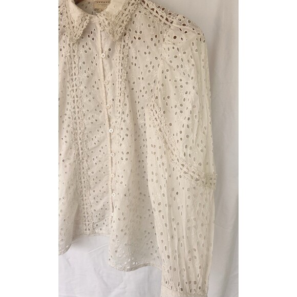 SEZANE Cara Shirt Cream Women’s Size 36 US 4 Eyelet Floral Puff Sleeve Button Up - Picture 10 of 15